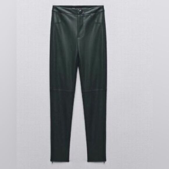 Zara Green Faux Leather high rise skinny pants leggings size small small - Picture 5 of 7